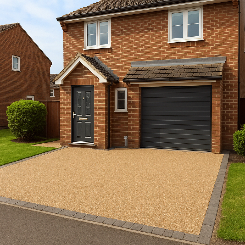 Resin bound driveway with light stone blend outside a modern home in Sussex