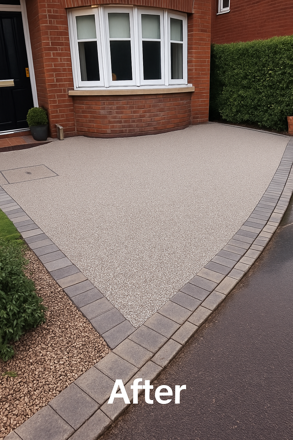 After – fresh light resin bound overlay with neat edging on the same driveway