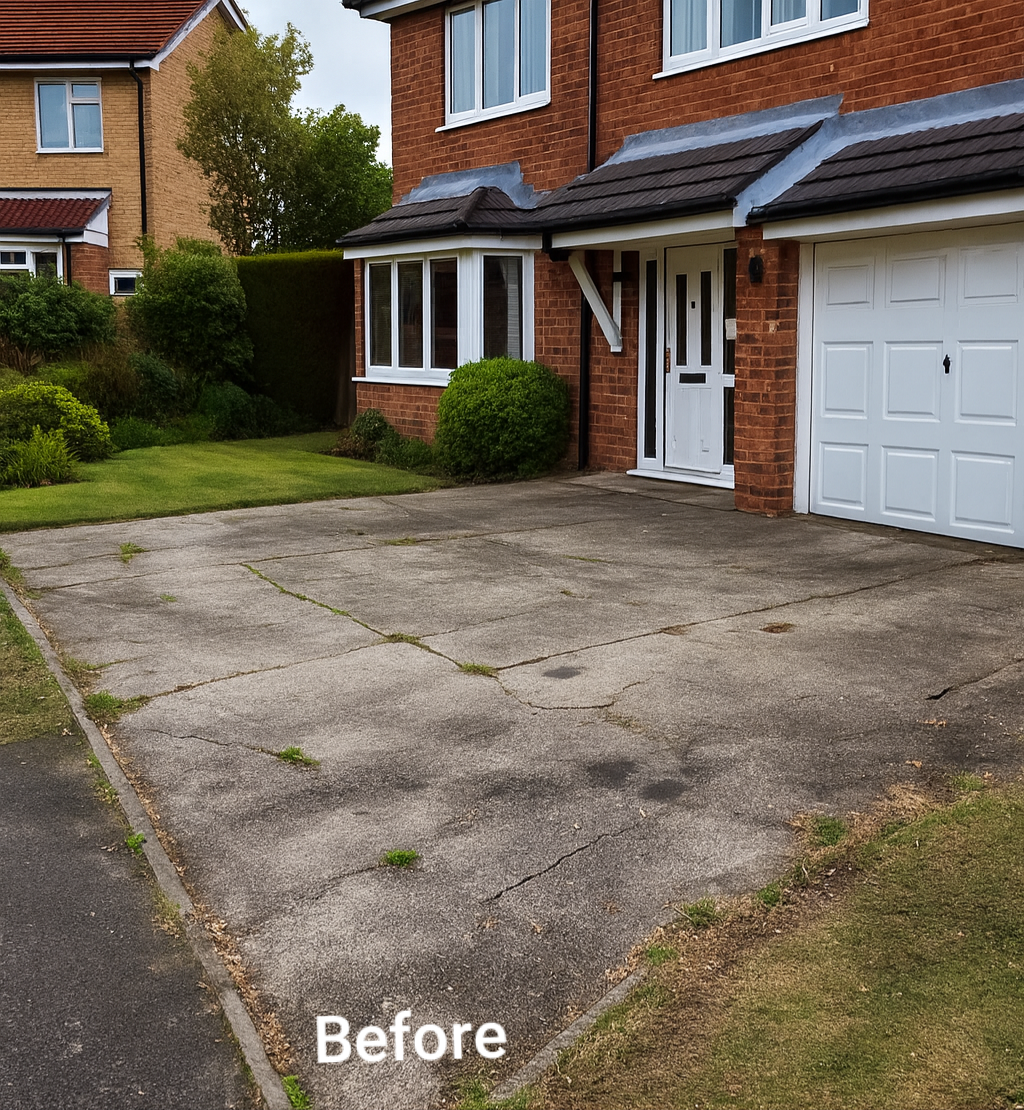 Before – cracked concrete driveway in front of a brick house before resin driveway installation