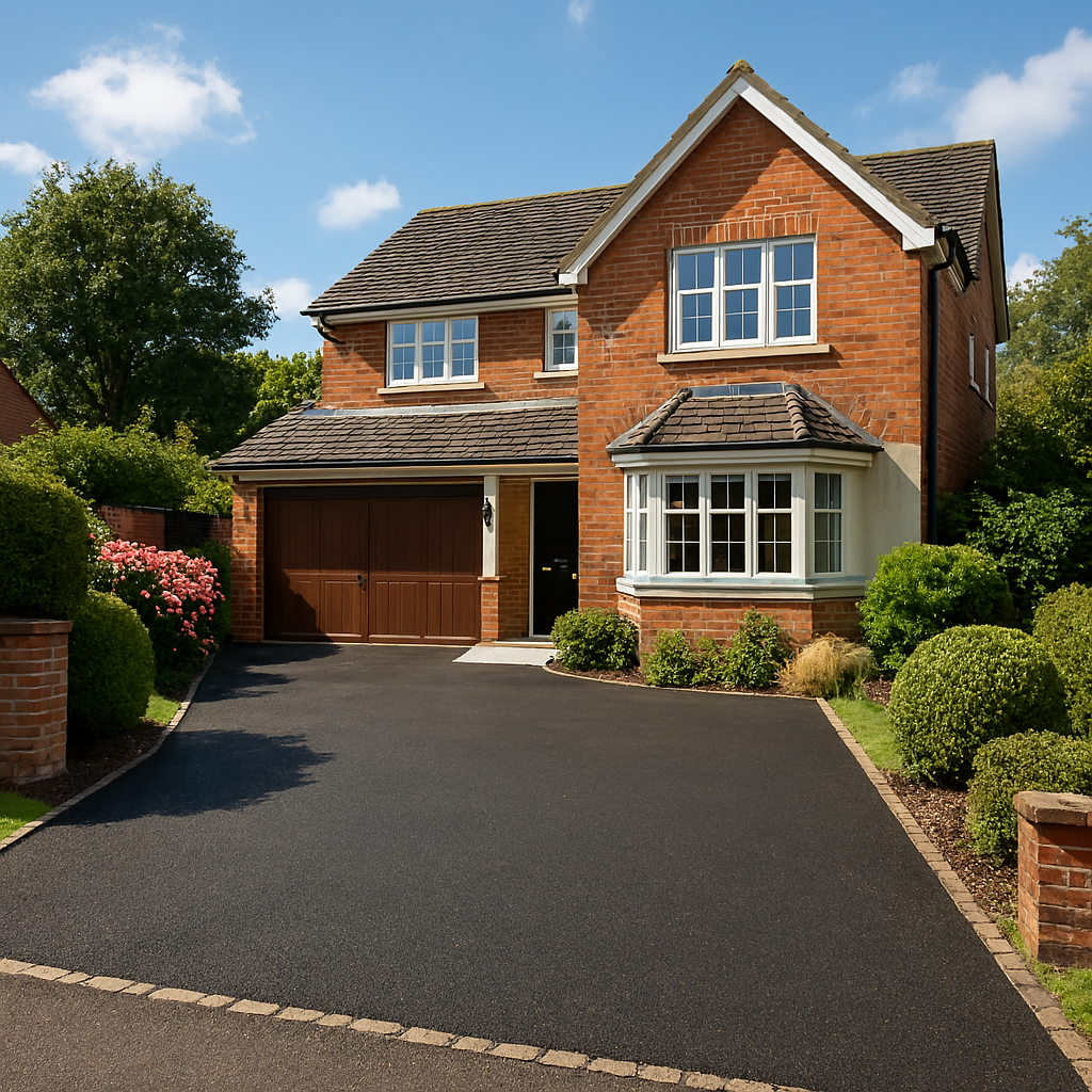 Tarmac driveway at a Sussex family home with neat kerbs and edges