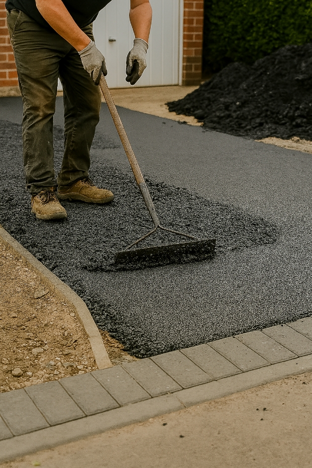 Freshly laid tarmac driveway with neat block paving edging in Sussex