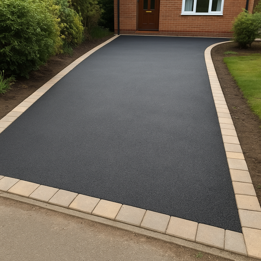 Fresh tarmac driveway with paved edgings outside a Surrey property